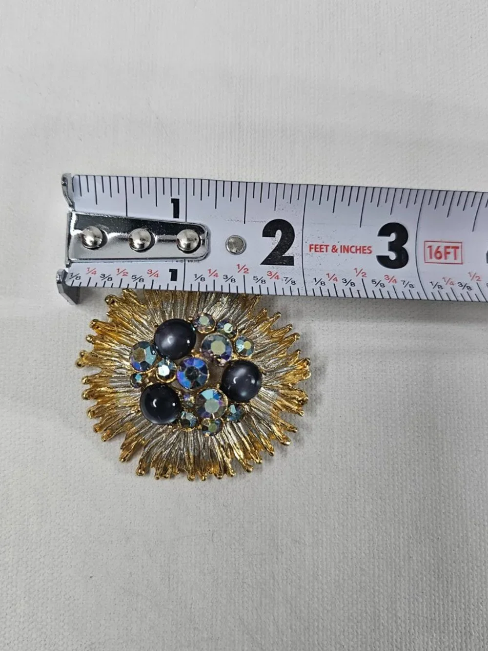 Gold Silver Tone Dome Starburst Brooch Flower Cluster AB Gray Cat Eye Unmarked